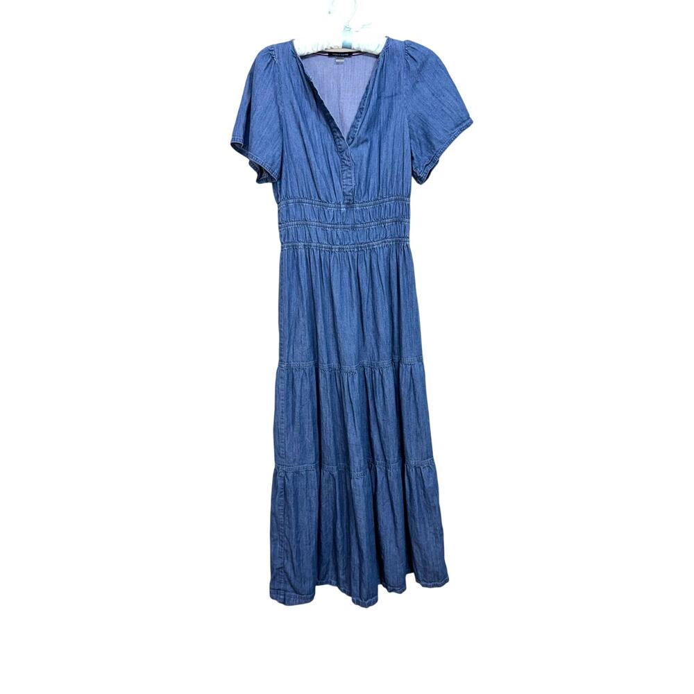 Tommy Hilfiger denim chambray maxi dress sort sleeve v neck tiered skirt Sz 2